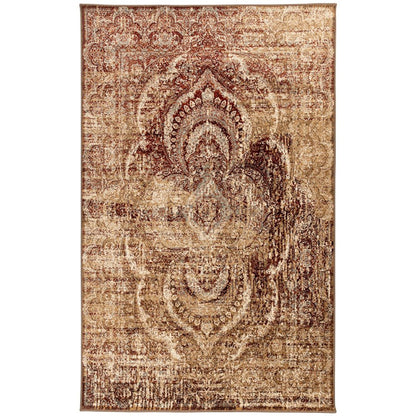 5' X 8' Gold And Maroon Abstract Distressed Area Rug