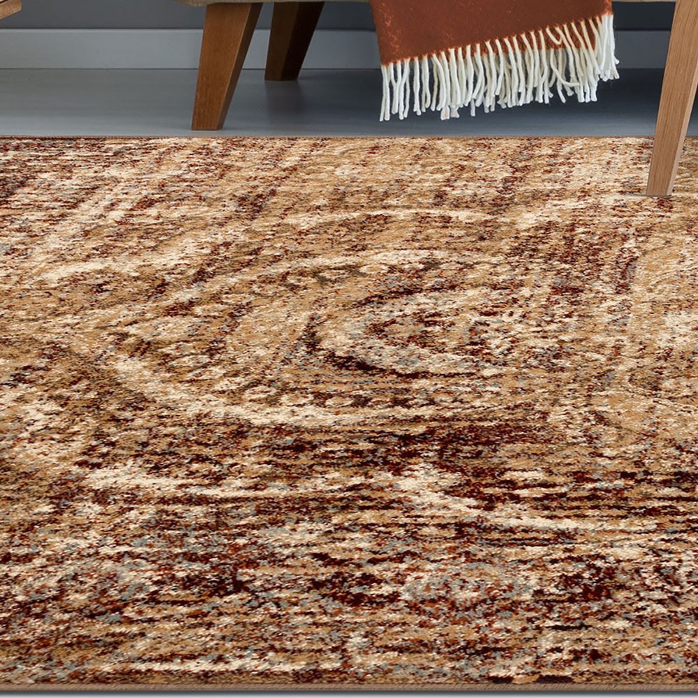 6' X 9' Gold And Maroon Abstract Distressed Area Rug