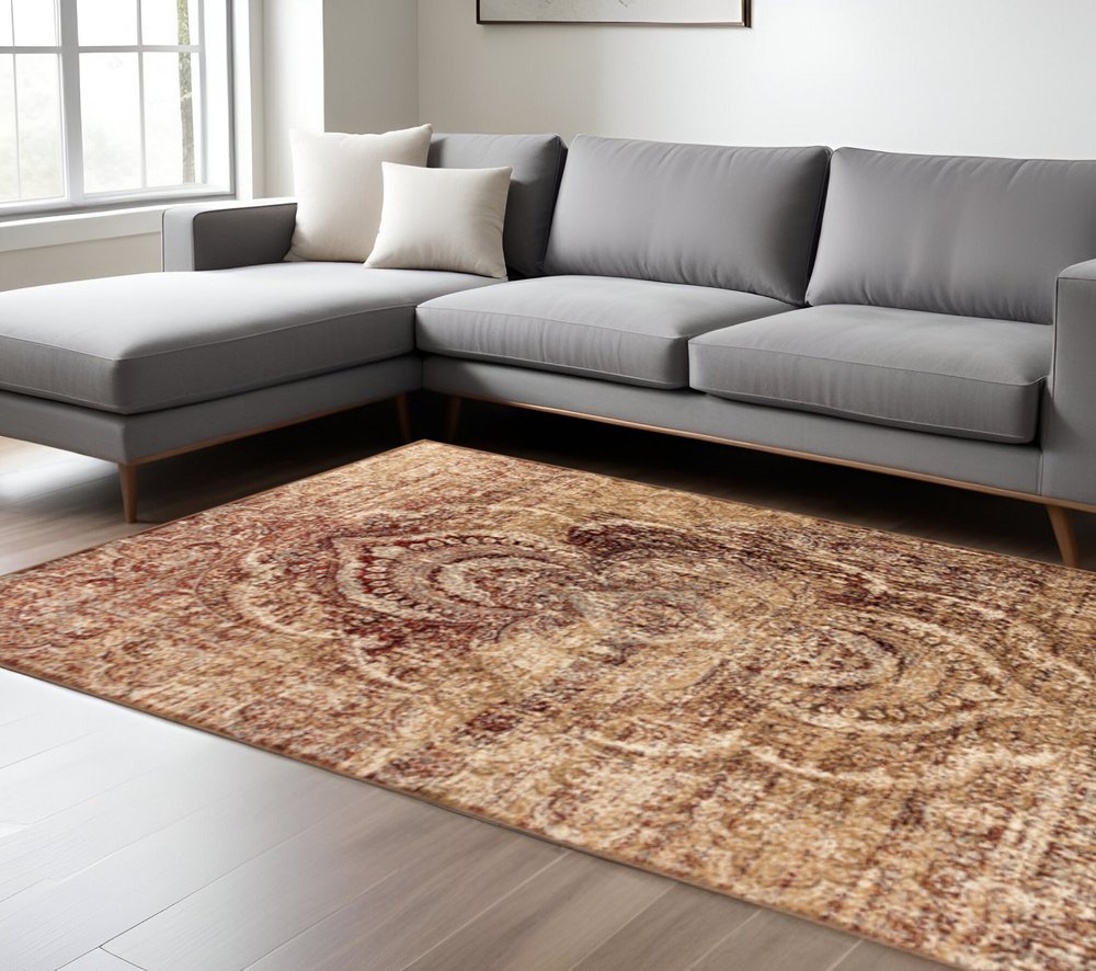 6' X 9' Gold And Maroon Abstract Distressed Area Rug