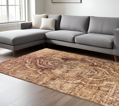 6' X 9' Gold And Maroon Abstract Distressed Area Rug