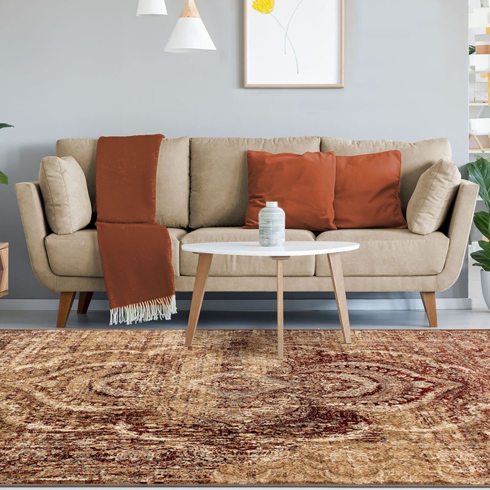 9' X 12' Gold And Maroon Abstract Distressed Area Rug