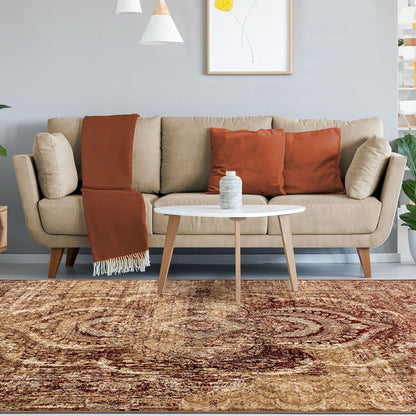 9' X 12' Gold And Maroon Abstract Distressed Area Rug