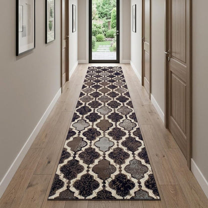 10' Brown Black And Ivory Quatrefoil Distressed Runner Rug