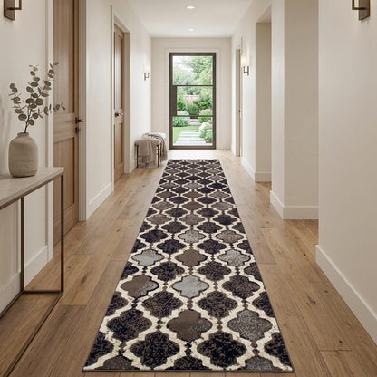 10' Brown Black And Ivory Quatrefoil Distressed Runner Rug