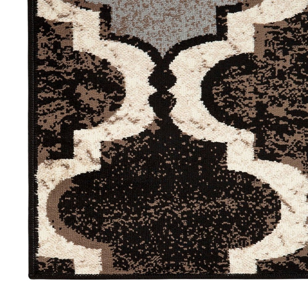 10' Brown Black And Ivory Quatrefoil Distressed Runner Rug