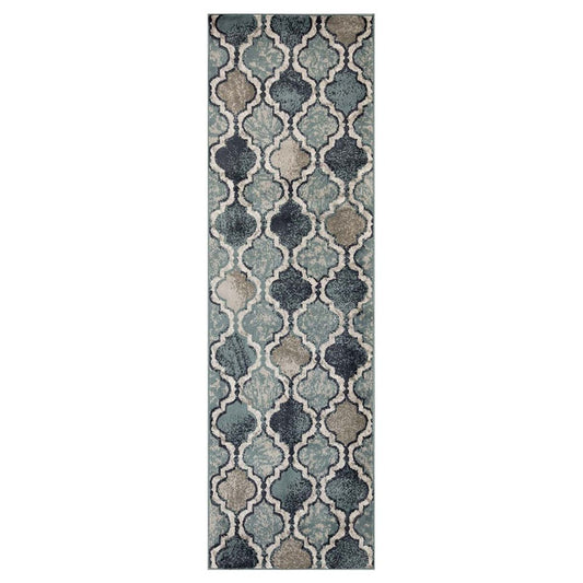 10' Gray And Ivory Quatrefoil Distressed Runner Rug