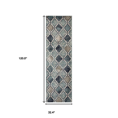 10' Gray And Ivory Quatrefoil Distressed Runner Rug