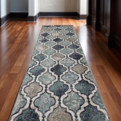 10' Gray And Ivory Quatrefoil Distressed Runner Rug
