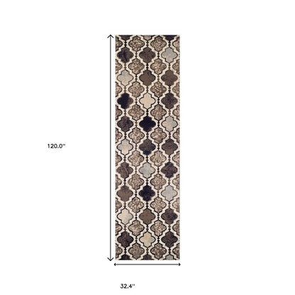10' Ivory Brown And Black Quatrefoil Distressed Runner Rug