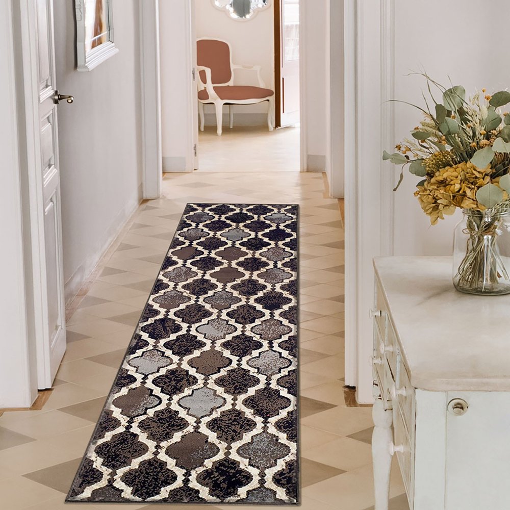 12' Brown Black And Ivory Quatrefoil Distressed Runner Rug