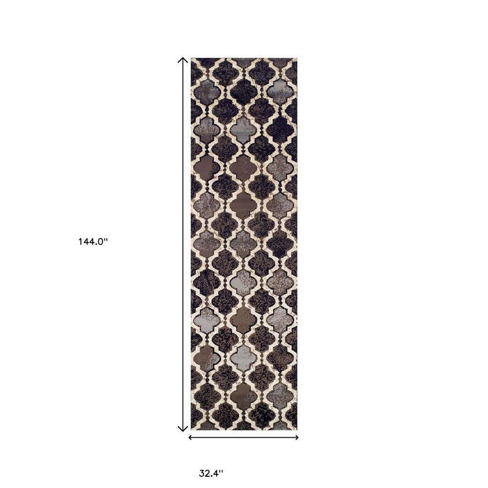 12' Brown Black And Ivory Quatrefoil Distressed Runner Rug