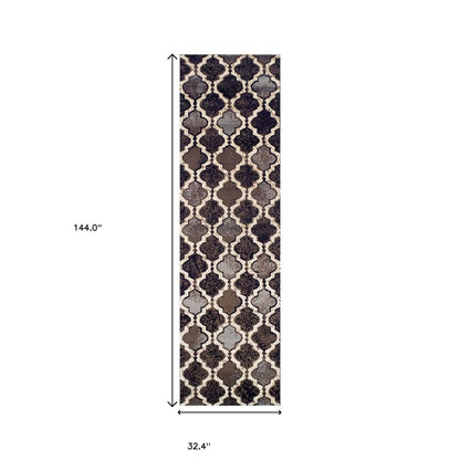 12' Brown Black And Ivory Quatrefoil Distressed Runner Rug