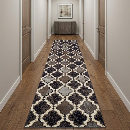 12' Brown Black And Ivory Quatrefoil Distressed Runner Rug