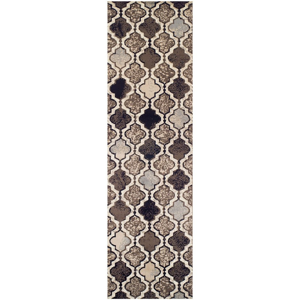 12' Ivory Brown And Black Quatrefoil Distressed Runner Rug