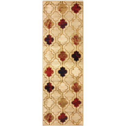 8' Beige Quatrefoil Power Loom Distressed Stain Resistant Runner Rug