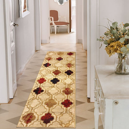 8' Beige Brown And Red Quatrefoil Distressed Runner Rug