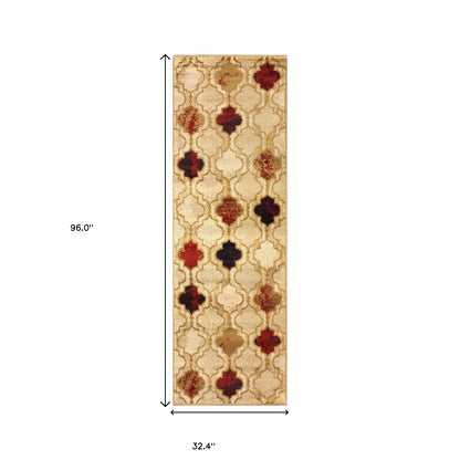 8' Beige Quatrefoil Power Loom Distressed Stain Resistant Runner Rug