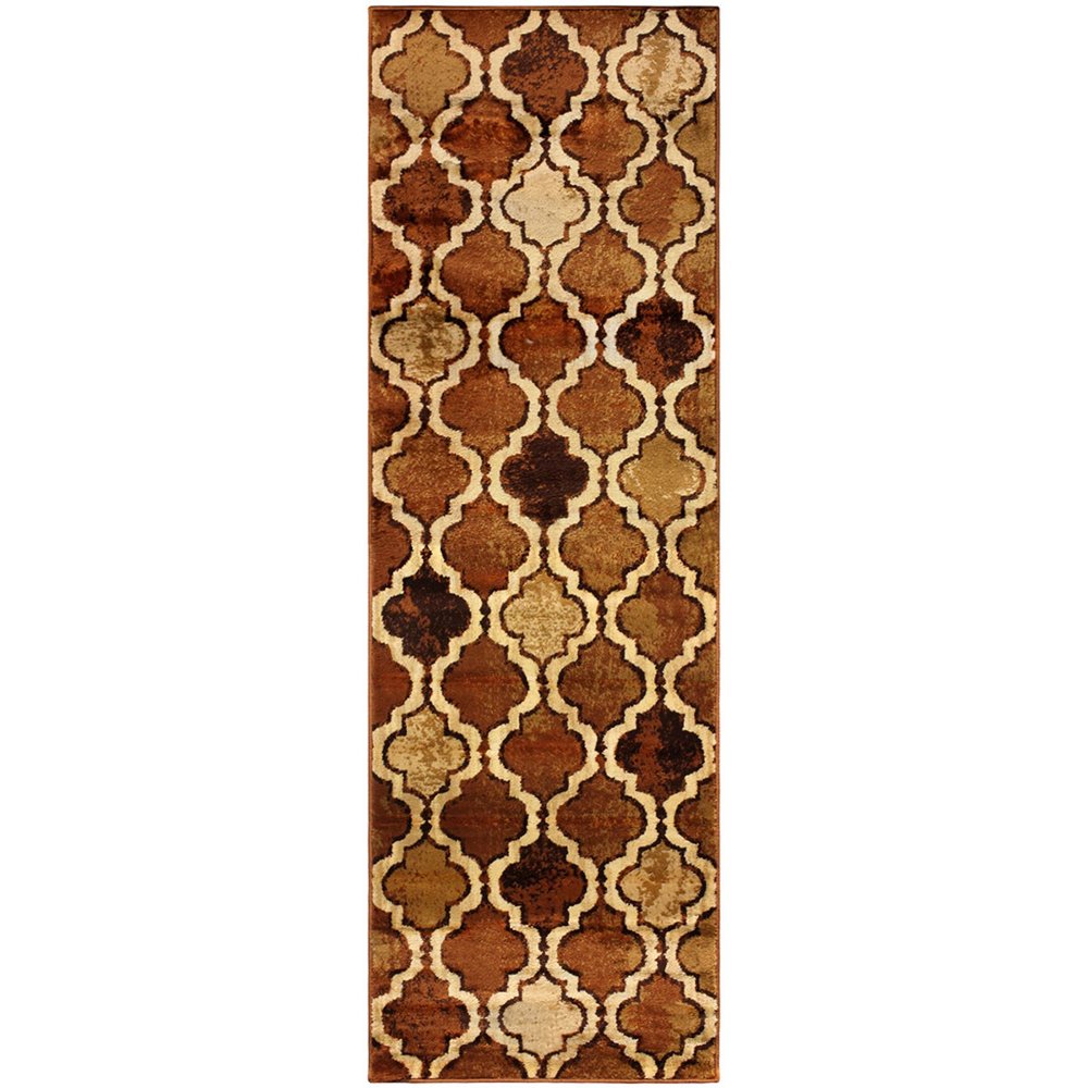 8' Brown And Ivory Quatrefoil Distressed Runner Rug