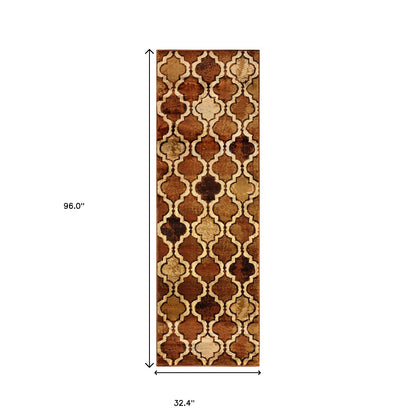 8' Brown Quatrefoil Power Loom Distressed Stain Resistant Runner Rug