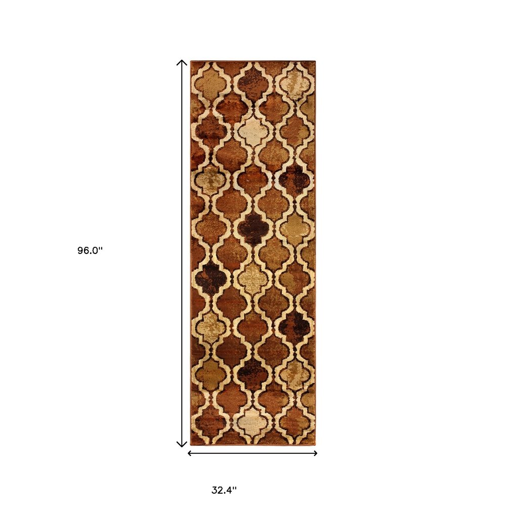 8' Brown And Ivory Quatrefoil Distressed Runner Rug