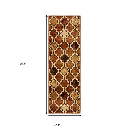 8' Brown And Ivory Quatrefoil Distressed Runner Rug