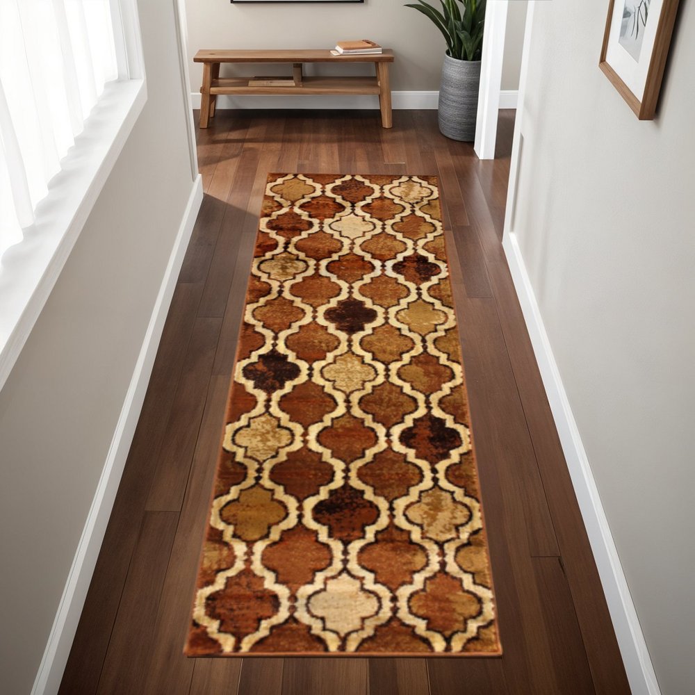 8' Brown And Ivory Quatrefoil Distressed Runner Rug