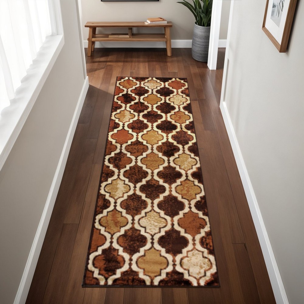 8' Coffee Quatrefoil Power Loom Distressed Stain Resistant Runner Rug