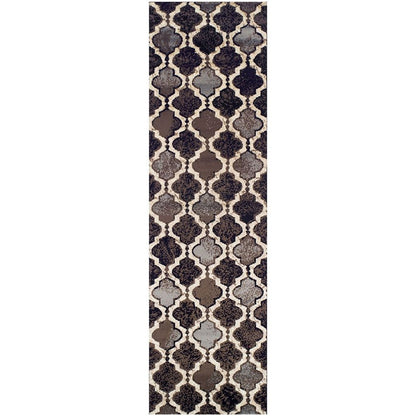 8' Brown Black And Ivory Quatrefoil Distressed Runner Rug