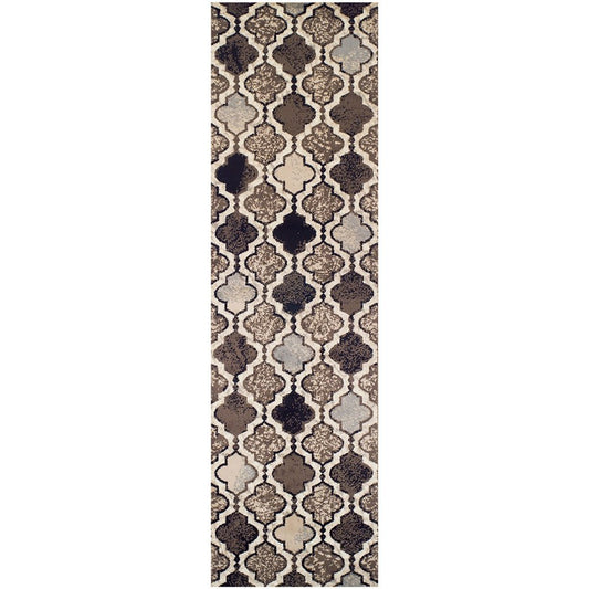 8' Ivory Brown And Black Quatrefoil Distressed Runner Rug