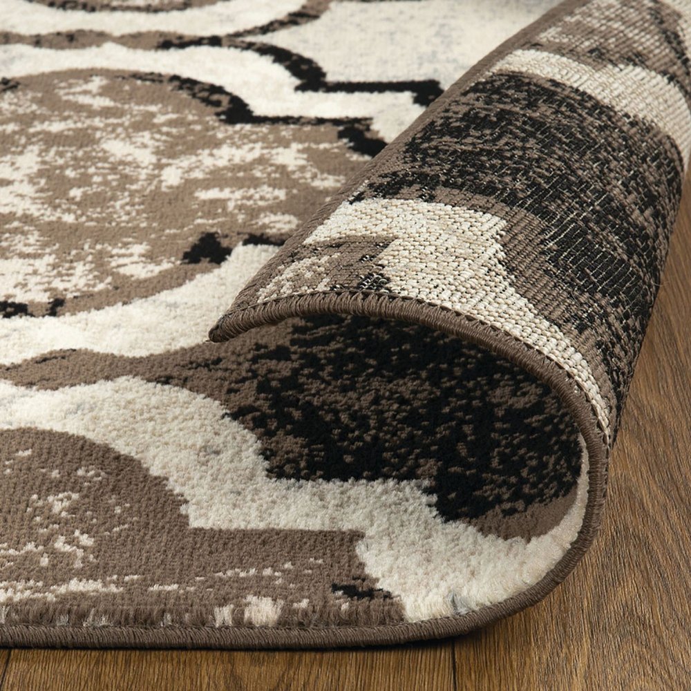 8' Ivory Brown And Black Quatrefoil Distressed Runner Rug