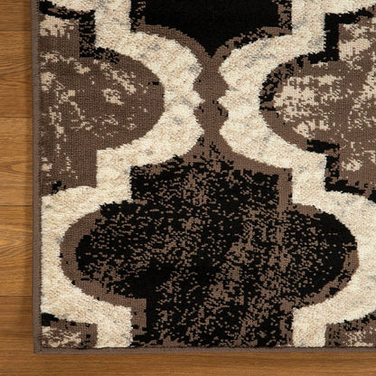 8' Ivory Brown And Black Quatrefoil Distressed Runner Rug