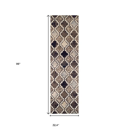 8' Ivory Brown And Black Quatrefoil Distressed Runner Rug