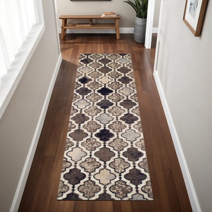 8' Ivory Brown And Black Quatrefoil Distressed Runner Rug