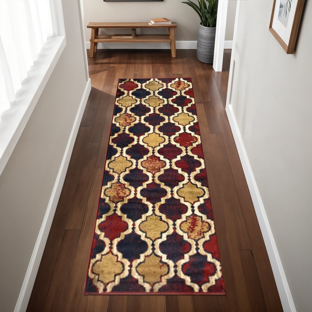 8' Red Blue Quatrefoil Power Loom Distressed Stain Resistant Runner Rug