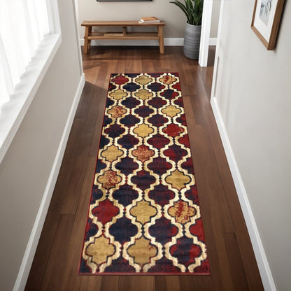 8' Red Blue Quatrefoil Power Loom Distressed Stain Resistant Runner Rug