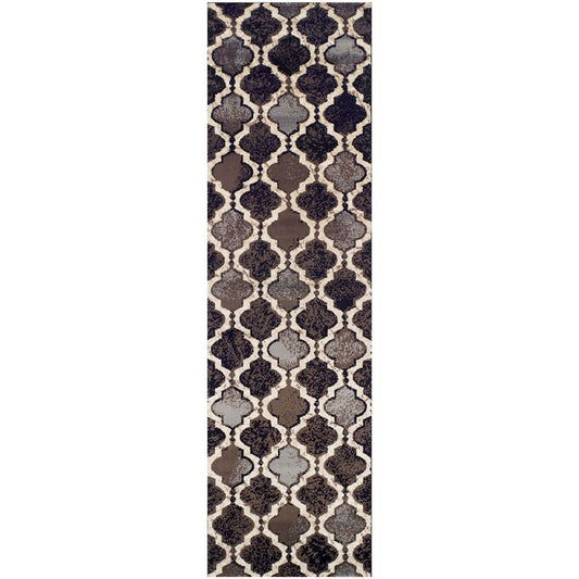 11' Brown Black And Ivory Quatrefoil Distressed Runner Rug