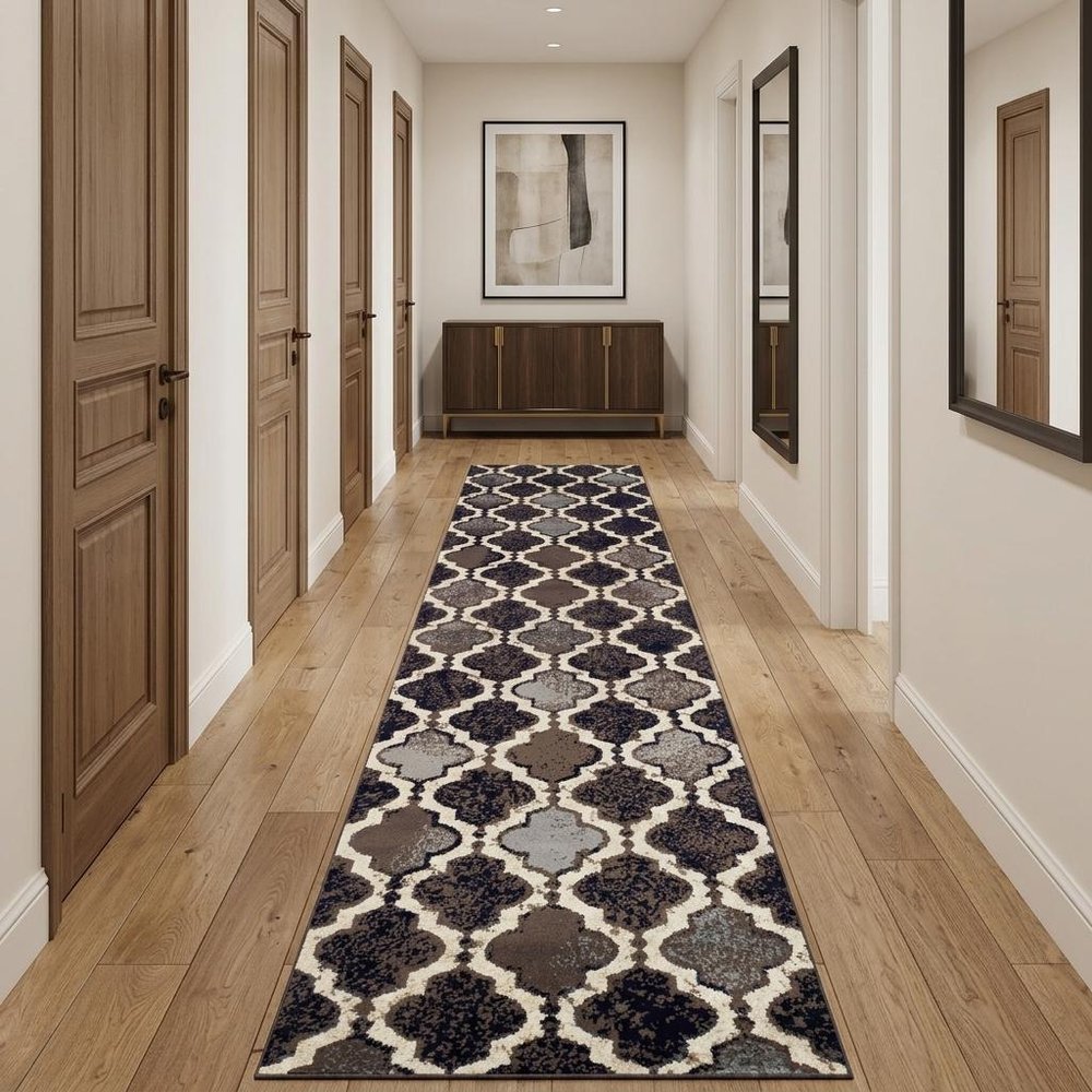 11' Brown Black And Ivory Quatrefoil Distressed Runner Rug