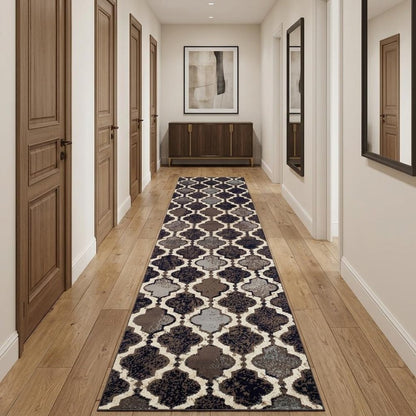 11' Brown Black And Ivory Quatrefoil Distressed Runner Rug