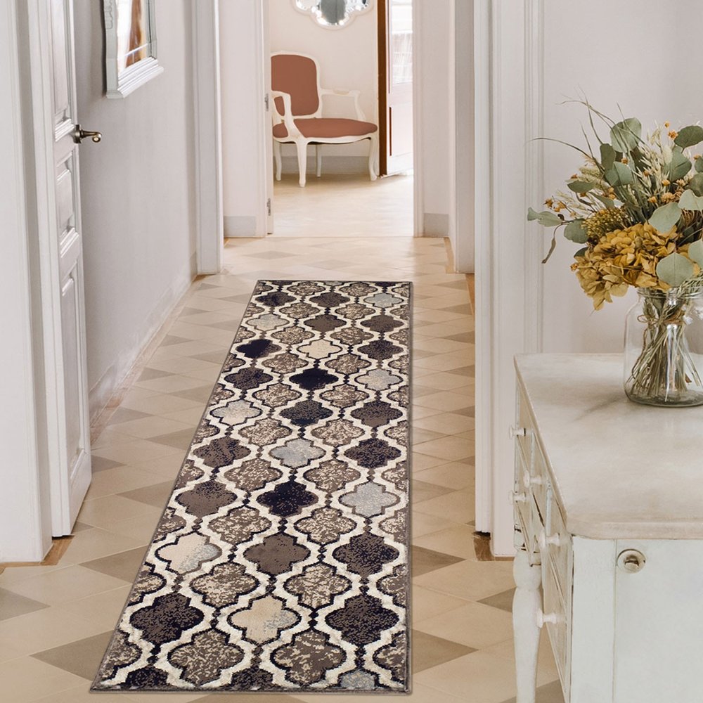 11' Ivory Brown And Black Quatrefoil Distressed Runner Rug