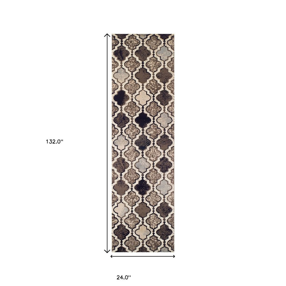 11' Ivory Brown And Black Quatrefoil Distressed Runner Rug