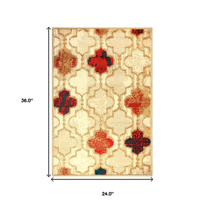 2' X 3' Beige Brown And Red Quatrefoil Distressed Area Rug