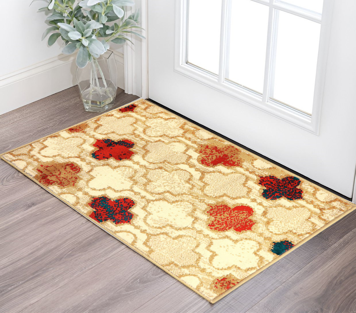 2' X 3' Beige Quatrefoil Power Loom Distressed Stain Resistant Area Rug