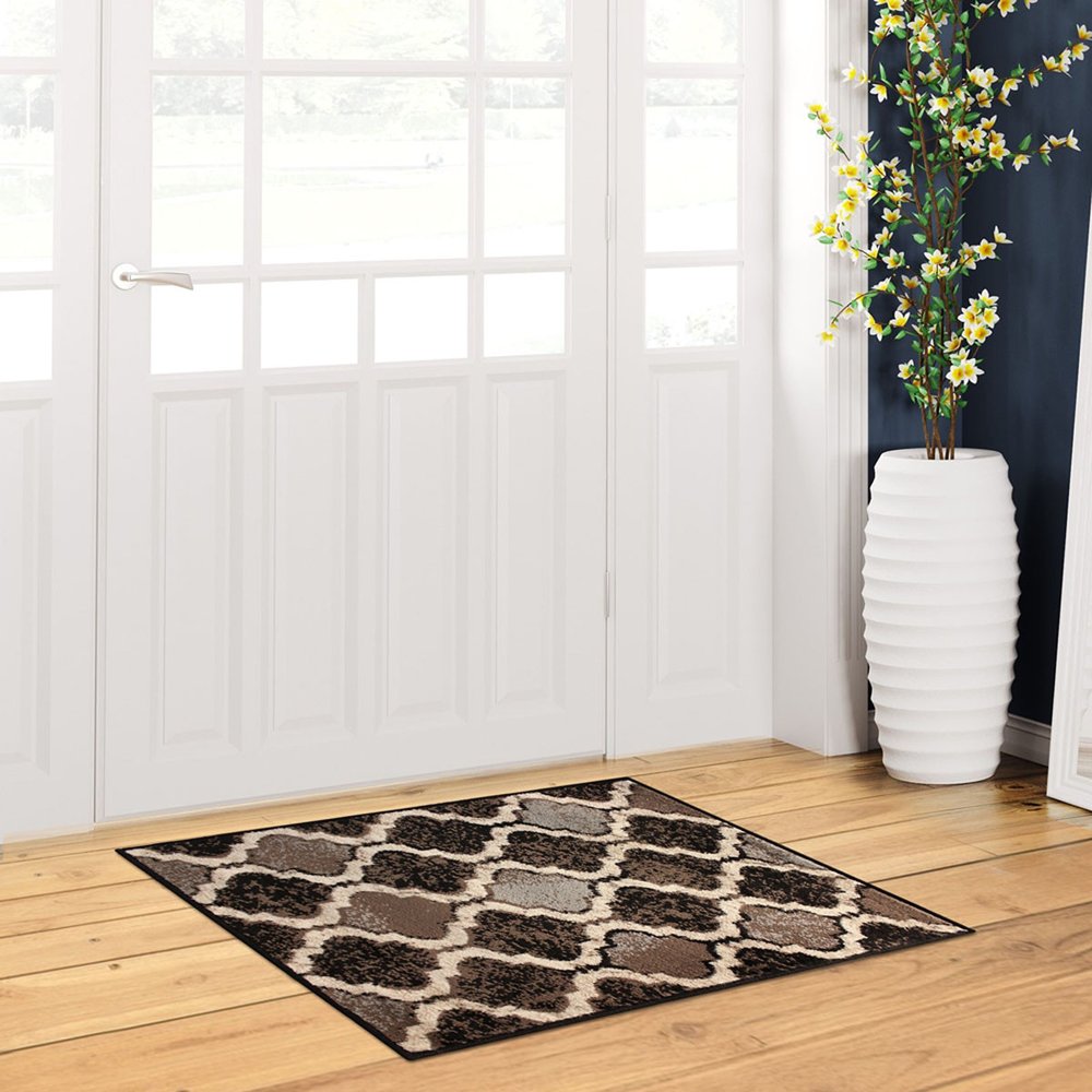 2' X 3' Brown Black And Ivory Quatrefoil Distressed Area Rug