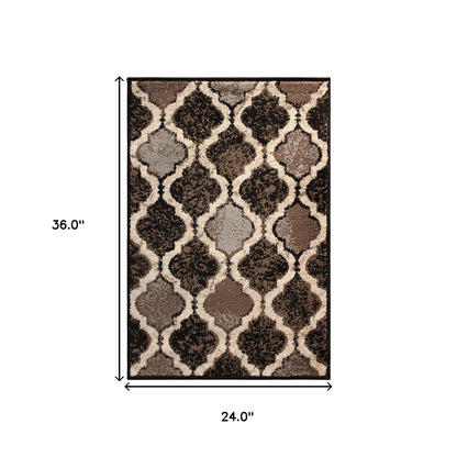 2' X 3' Chocolate Quatrefoil Power Loom Distressed Stain Resistant Area Rug