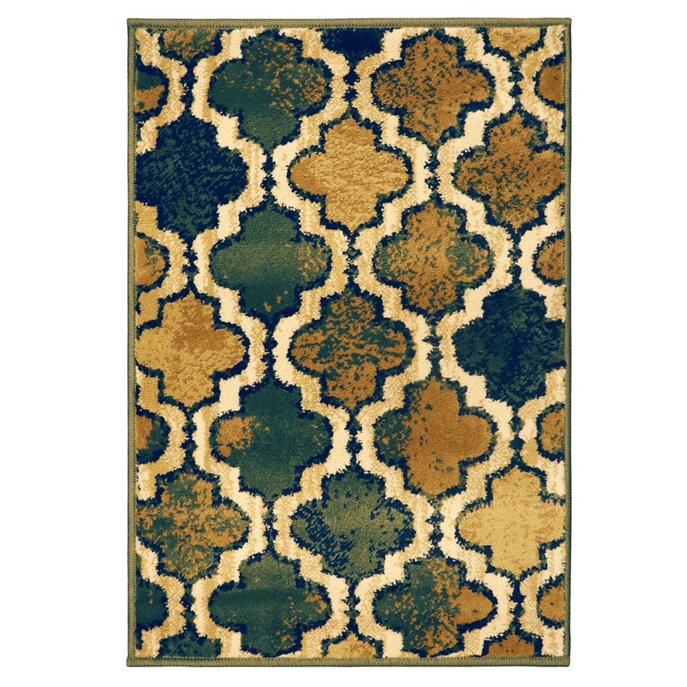2' X 3' Green Brown And Ivory Quatrefoil Distressed Area Rug