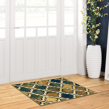 2' X 3' Green Brown And Ivory Quatrefoil Distressed Area Rug