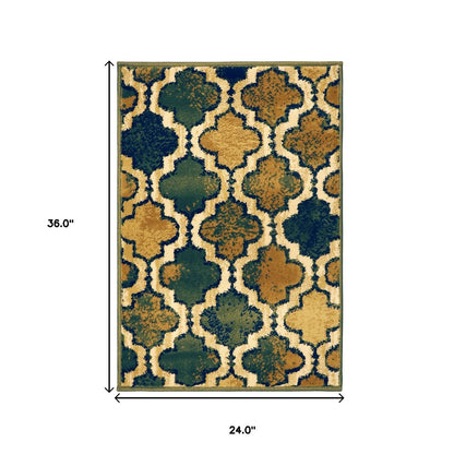 2' X 3' Green Brown And Ivory Quatrefoil Distressed Area Rug