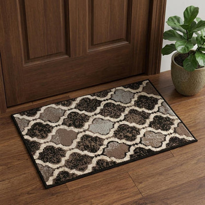 3' X 5' Brown Black And Ivory Quatrefoil Distressed Area Rug