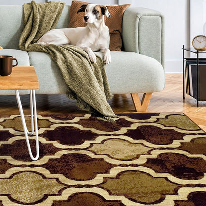 4' X 6' Coffee Beige And Black Quatrefoil Distressed Area Rug