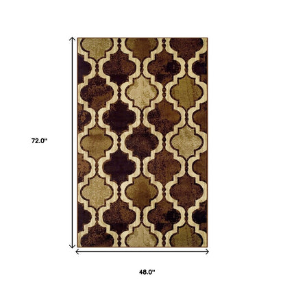 4' X 6' Coffee Beige And Black Quatrefoil Distressed Area Rug